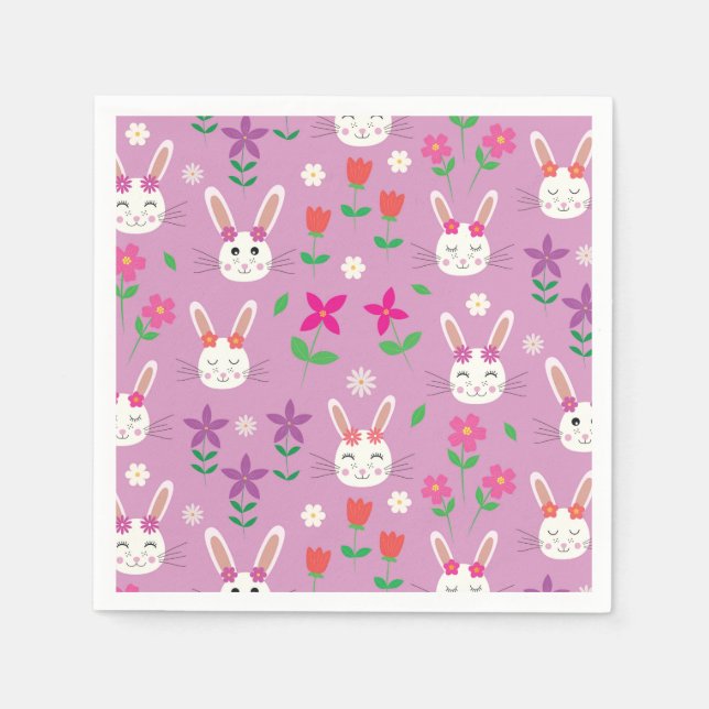 Påskhare med rosa orange lila blommor pappersservett (Framsidan)