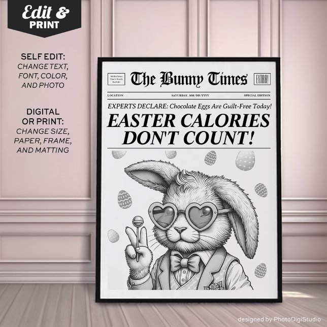 Påskhare Newspaper, Black White Påsk Decor Poster (Easter Bunny Newspaper, Black White Easter Decor)