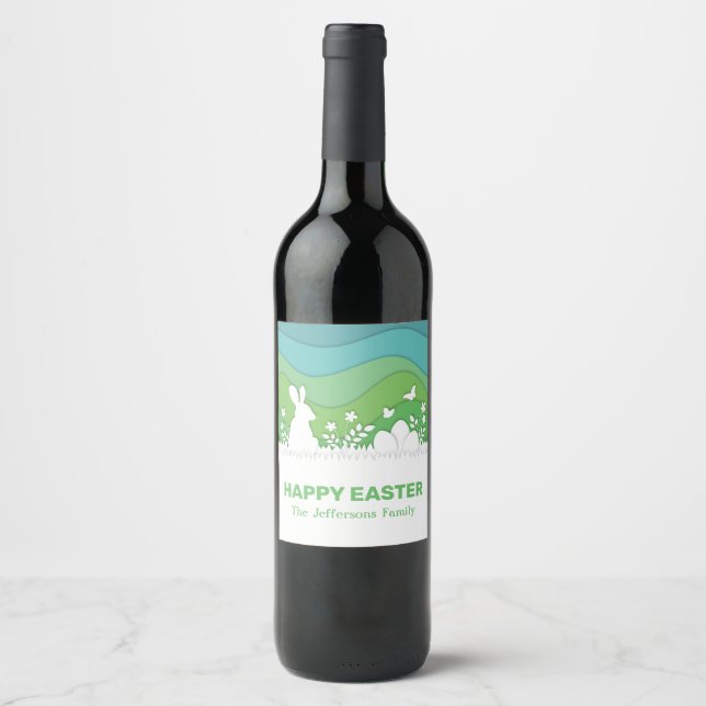 Påskhare och äggpapercut 3d grönt vinflaska etikett (Framsida)
