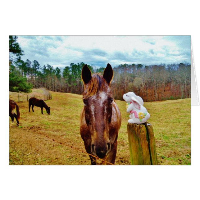 Påskhare och brun häst hälsningskort (Framsidan Horizontal)