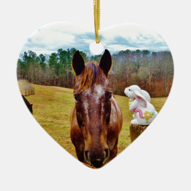 Påskhare och brun häst julgransprydnad keramik (Framsidan)