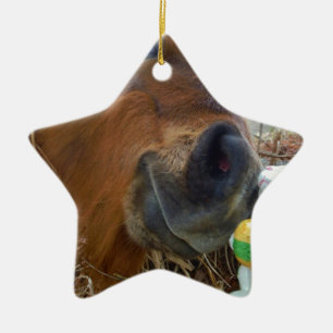 Påskhare och brun häst julgransprydnad keramik