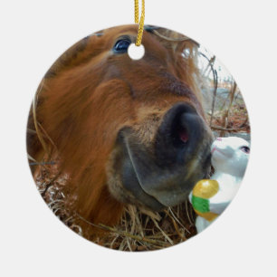 Påskhare och brun häst julgransprydnad keramik