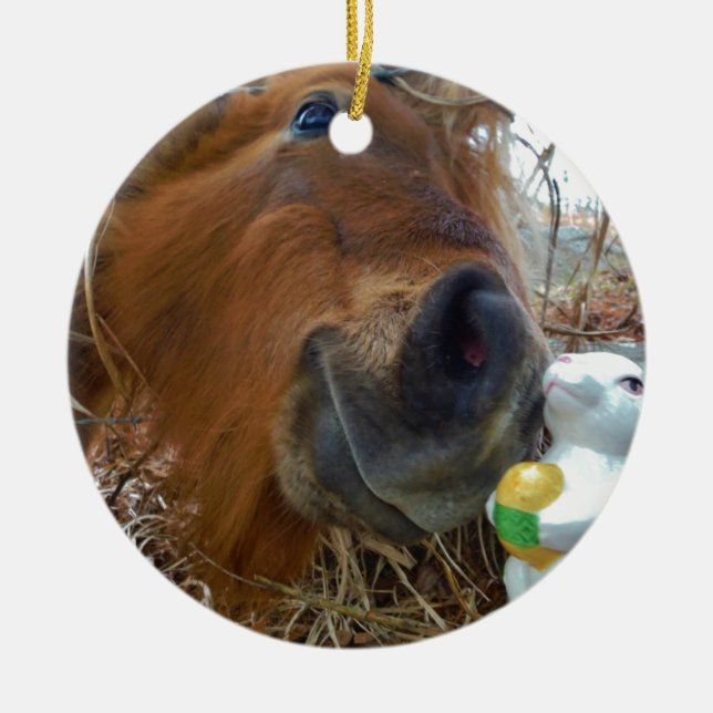 Påskhare och brun häst julgransprydnad keramik (Framsidan)