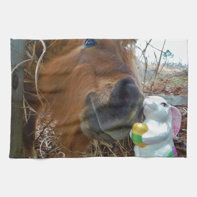 Påskhare och brun häst kökshandduk (Horisontell)