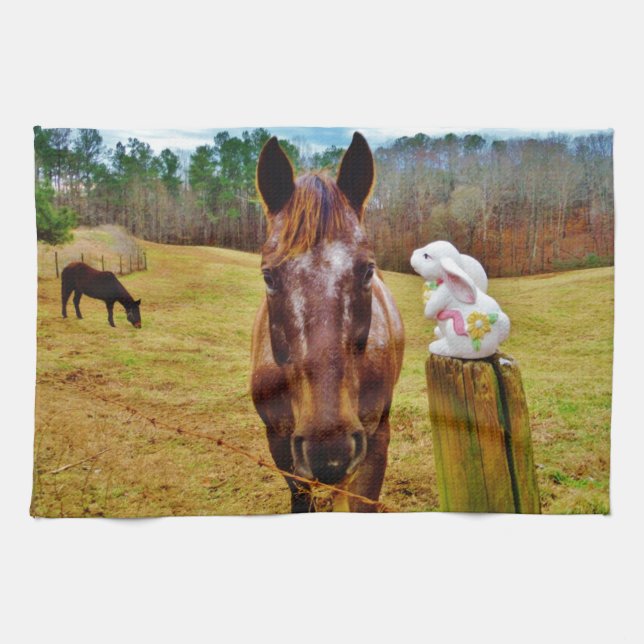 Påskhare och brun häst kökshandduk (Horisontell)