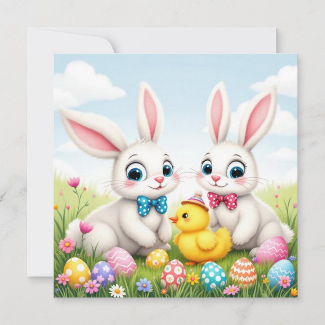 Påskhare och Chick Hälsning Julkort (Framsida)