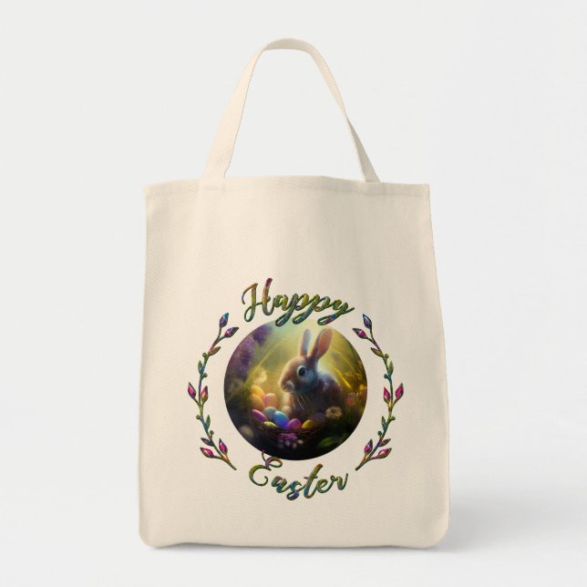 Påskhare och Chick med Egg Basket Tygkasse (Framsidan)