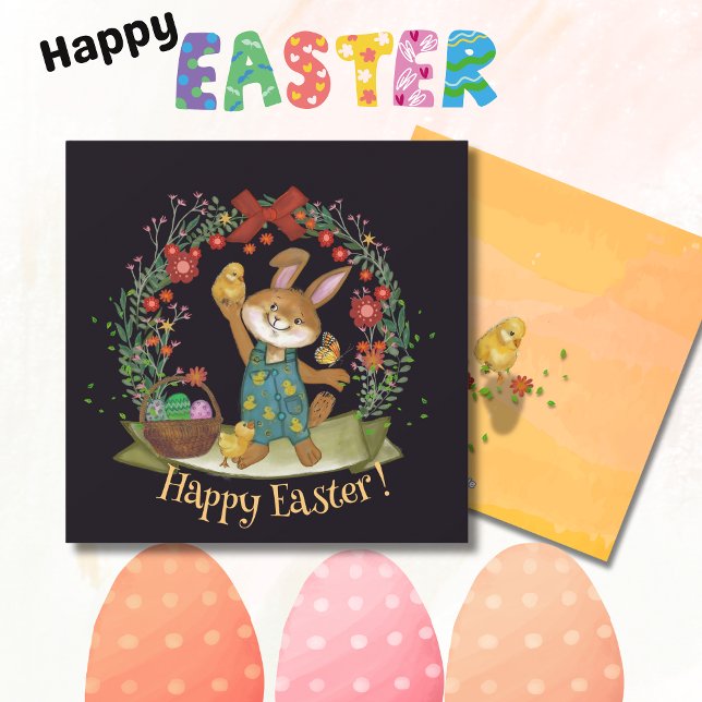 Påskhare och chickar, svart gult julkort (Easter bunny and chicks black yellow holiday card)