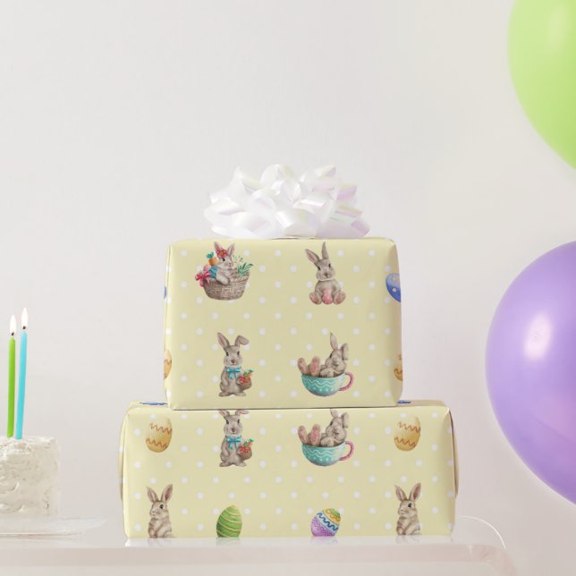 Påskhare och Färgad Eggs Gult Polka dots Presentpapper (Festgåvor)