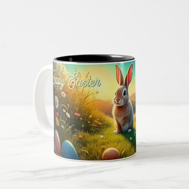 Påskhare och färgstarka ägg i Vår Magic Två-Tonad Mugg (Framsida vänster)