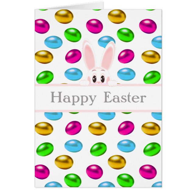 Påskhare och färgstarka ägg på vitt hälsningskort (Framsidan)
