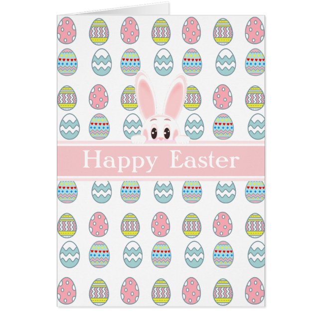 Påskhare och Multifärgad dekorerade ägg på vitt Hälsningskort (Framsidan)