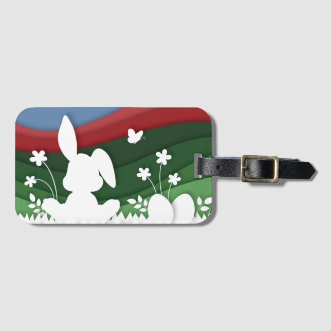 Påskhare och tecknad av ägg papper styckning i vår bagagebricka (Framsida horisontal)