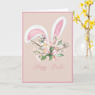 Påskhare Öron och Watercolor Rosa Flowers Card Kort