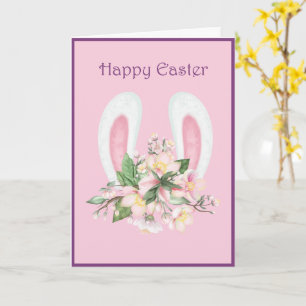 Påskhare Öron och Watercolor Rosa Flowers Card Kort