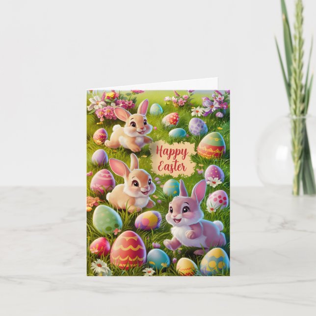 Påskhare på ägghunt helgkort (Framsida)