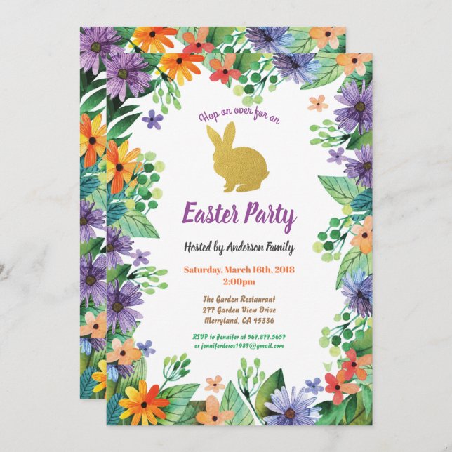 Påskhare party, vattenfärgsfärg, blommigt guld inbjudningar (Fram/baksida)