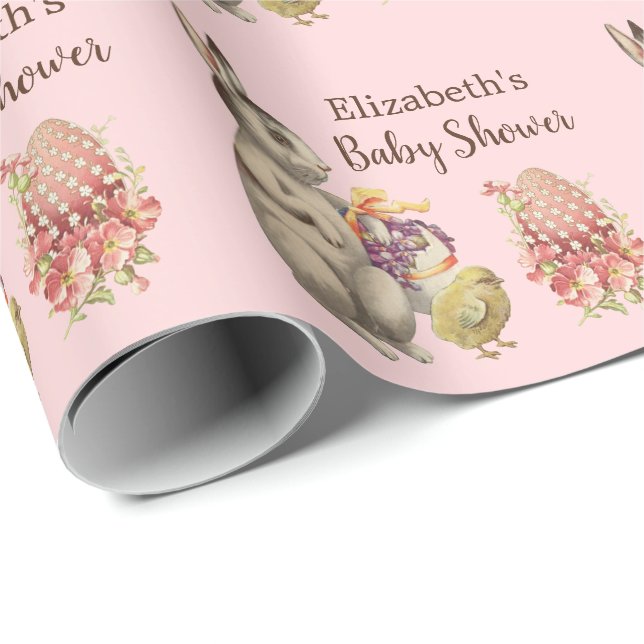 Påskhare Rabbit and Chicken Rosa Baby Shower Presentpapper (Rullad Hörn)