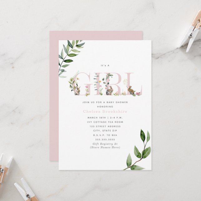 Påskhare Rabbit Eggs Blommigt Girl Baby Shower Inbjudningar (Fram/Back In Situ)