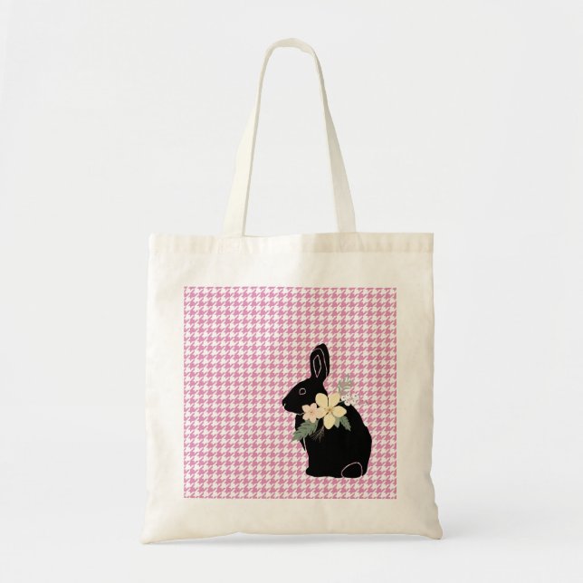 Påskhare Rabbit Silhouette Flowers Houndstooth Tygkasse (Framsidan)
