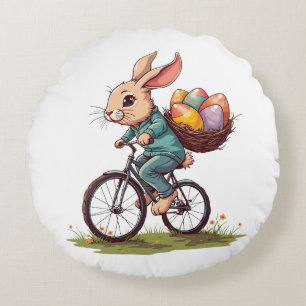 Påskhare Riding a Bicycle with Basket of Eggs Rund Kudde