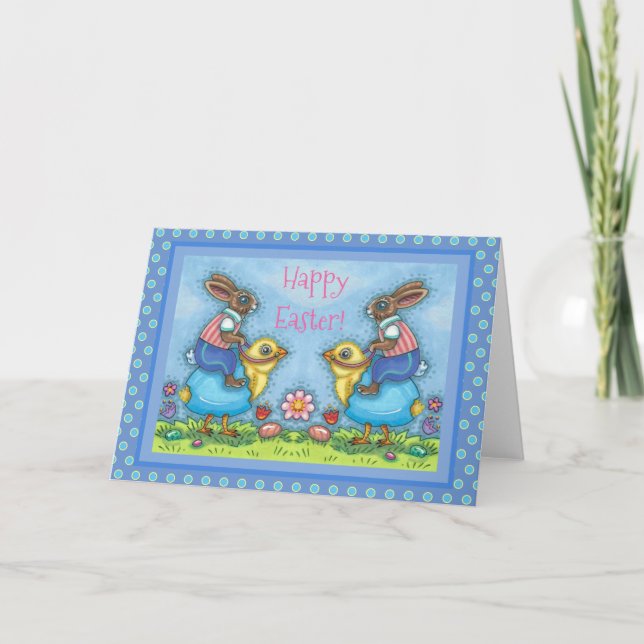 PÅSKHARE RIDING CUTE CHICK IN BLUE EGG blank Helgkort (Framsida)