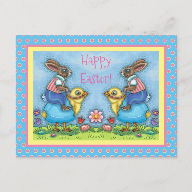 PÅSKHARE RIDING CUTE CHICK IN BLUE EGG, STOLLIG HELG VYKORT (Framsida)