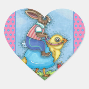 PÅSKHARE RIDING CUTE CHICK IN BLUE EGG, STOLLIG HJÄRTFORMAT KLISTERMÄRKE