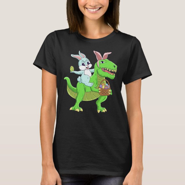 Påskhare Riding Dinosaur T Rex Påsk Kids Boy T Shirt (Framsida)
