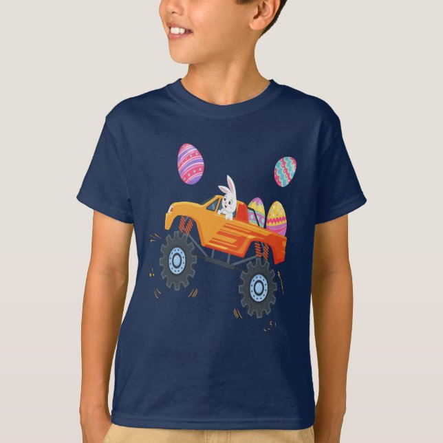 Påskhare Riding Monster Lastbil Cute Boys Kids T Shirt (Framsida)