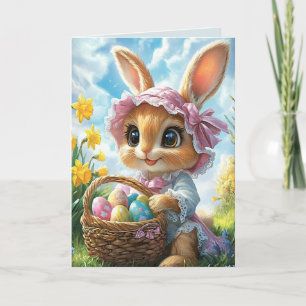 Påskhare Rosa Bonnet Basket Eggs Kort