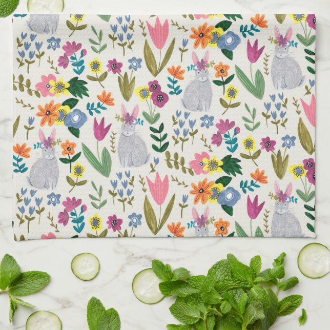 Påskhare rosa & grönt, söt vår blommigt-plattor kökshandduk (Vikta)