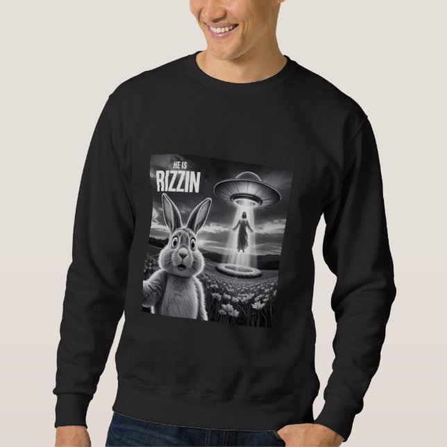 Påskhare Selfie han är Rizzin Funny Jesus Space Sp Lång Ärmad Tröja (Framsida)