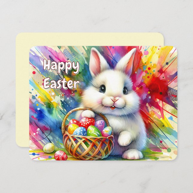 Påskhare som håller färgade ägg i Basket - Julkort (Fram/baksida)