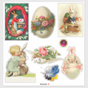 PÅSKHARE, vintagar, blomkrage, DOVER OCH ÄGG Klistermärken