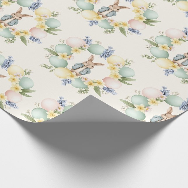 Påskharen Ägget Blommig Krans Pastell Design Presentpapper (Hörn)
