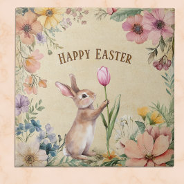 Påskharen Baby med rosa tulpan vintageblommor  Kakelplatta