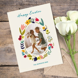 Påskharen Blommig Familjefoto Vårhälsning Julkort