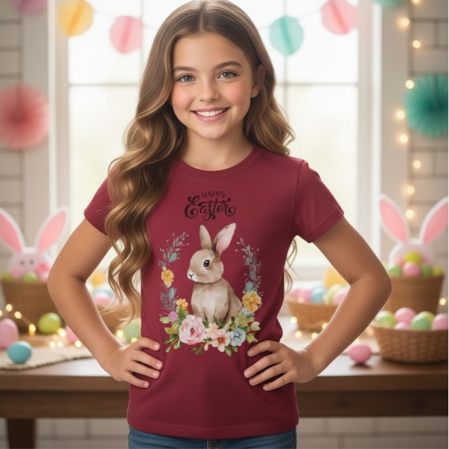 Påskharen Blommig Krans Flickor T-Shirt (Skapare uppladdad)