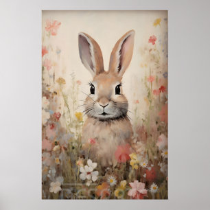 Påskharen Blomsterfält Tryck, Cottagecore Poster