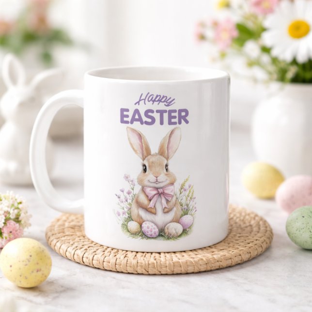 Påskharen i akvarell lila blommor Glad Påsk Kaffemugg (Skapare uppladdad)