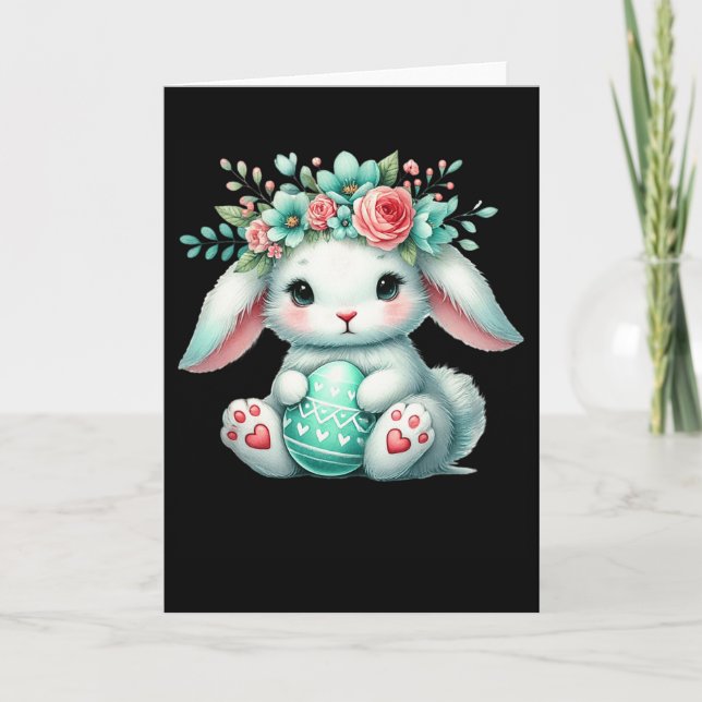Påskharen med blomkrona flickor kvinnor floral  kort (Framsida)