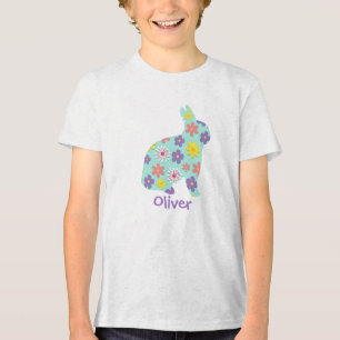 Påskharen med blommor och eget namn - T-Shirt