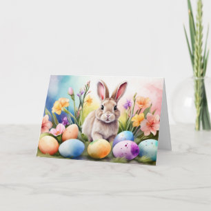 Påskharen med vårblommor, målade ägg helgkort