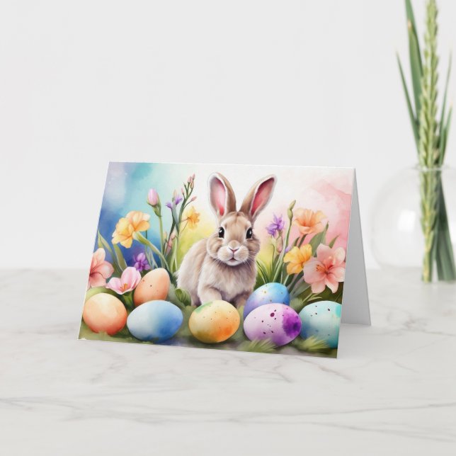 Påskharen med vårblommor, målade ägg helgkort (Framsida)