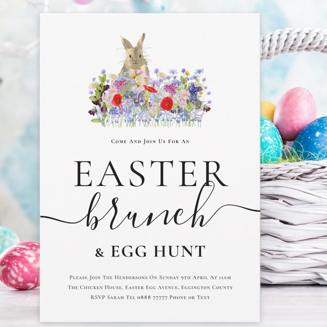 Påskharen och vildblommor äggjakt och brunch inbjudningar (Easter brunch and egg hunt spring party invitation Cute bunny and watercolor wildflowers )