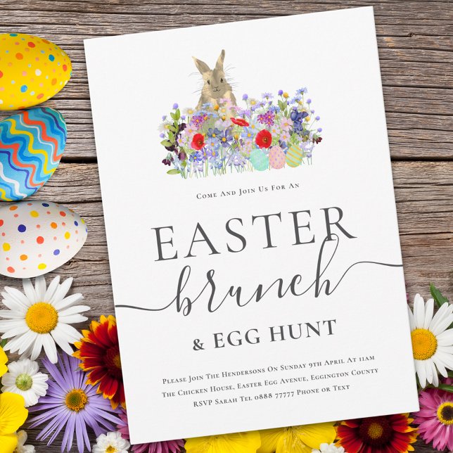 Påskharen och vildblommor äggjakt och brunch inbjudningar (Easter brunch and egg hunt cute bunny watercolor wildflower meadow spring party invitation )