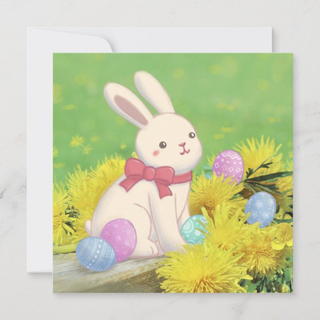 Påskharen, påskägg och blommor illustration inbjudningar (Framsida)