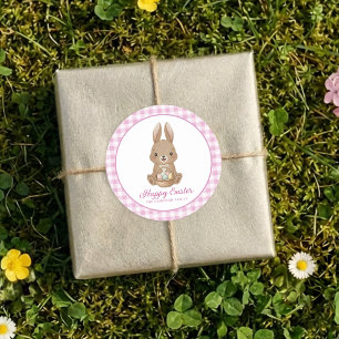 Påskharen Rosa Vattenfärg Gingham Runt Klistermärke